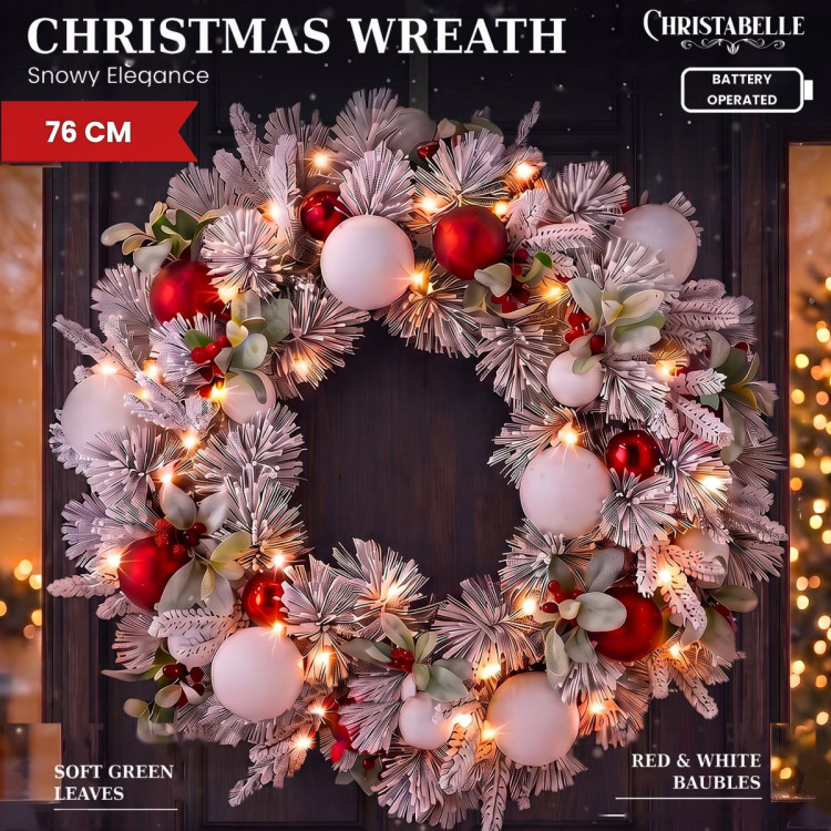 Christabelle 76cm Snowy Elegance Christmas Wreath Pre Lit Warm White LED Red Baubles Berries Front Door Xmas Decoration image 13