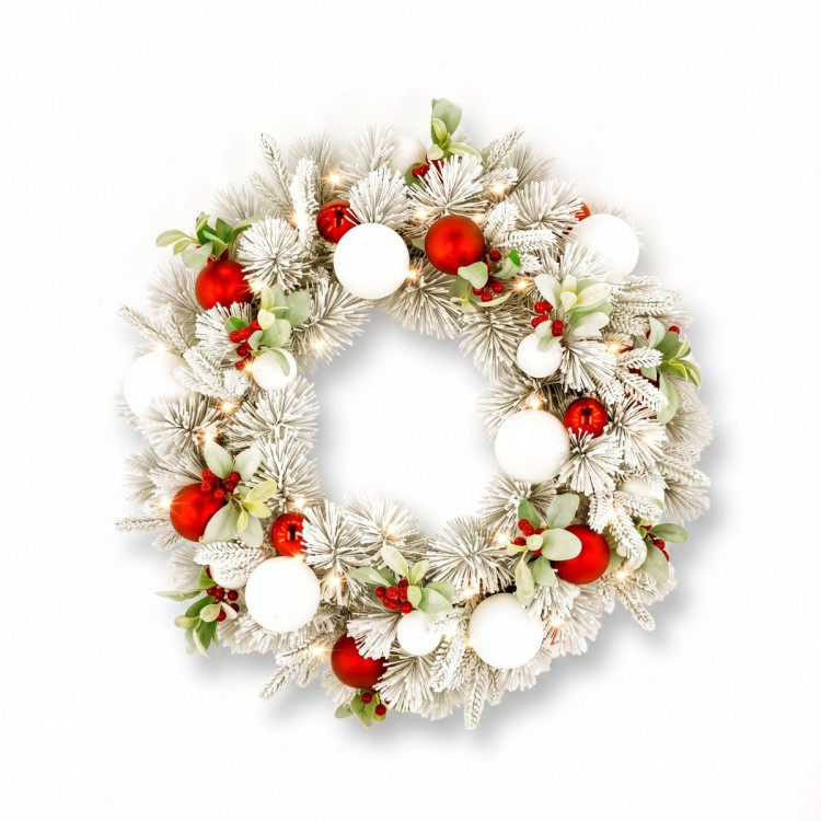 Christabelle 76cm Snowy Elegance Christmas Wreath Pre Lit Warm White LED Red Baubles Berries Front Door Xmas Decoration image 7