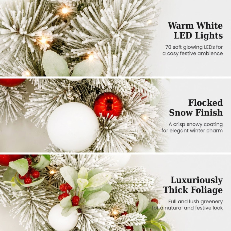 Christabelle 76cm Snowy Elegance Christmas Wreath Pre Lit Warm White LED Red Baubles Berries Front Door Xmas Decoration image 8