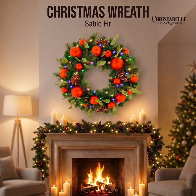 Christabelle 61cm Sable Fir Christmas Wreath Pre Lit Multi Function LED Eucalyptus Pine Cones Red Baubles Home image 12