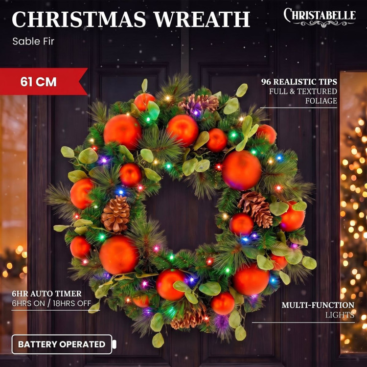 Christabelle 61cm Sable Fir Christmas Wreath Pre Lit Multi Function LED Eucalyptus Pine Cones Red Baubles Home image 13