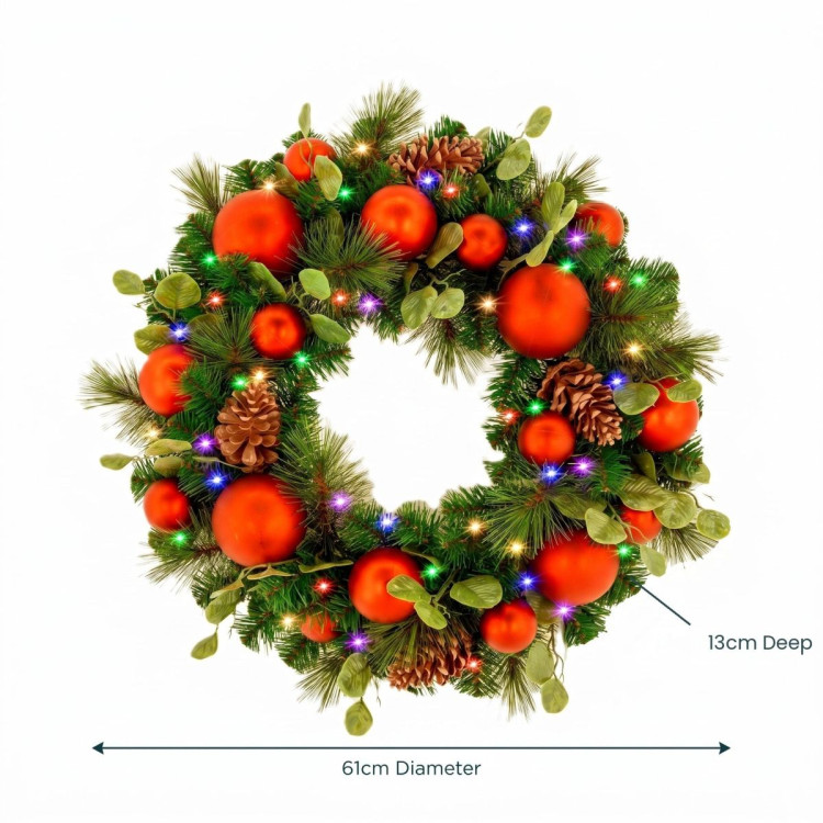 Christabelle 61cm Sable Fir Christmas Wreath Pre Lit Multi Function LED Eucalyptus Pine Cones Red Baubles Home image 3