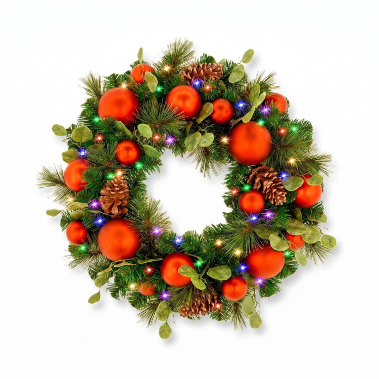 Christabelle 61cm Sable Fir Christmas Wreath Pre Lit Multi Function LED Eucalyptus Pine Cones Red Baubles Home image 4