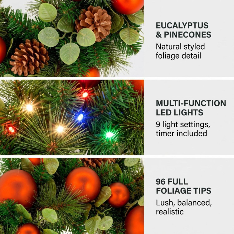 Christabelle 61cm Sable Fir Christmas Wreath Pre Lit Multi Function LED Eucalyptus Pine Cones Red Baubles Home image 6