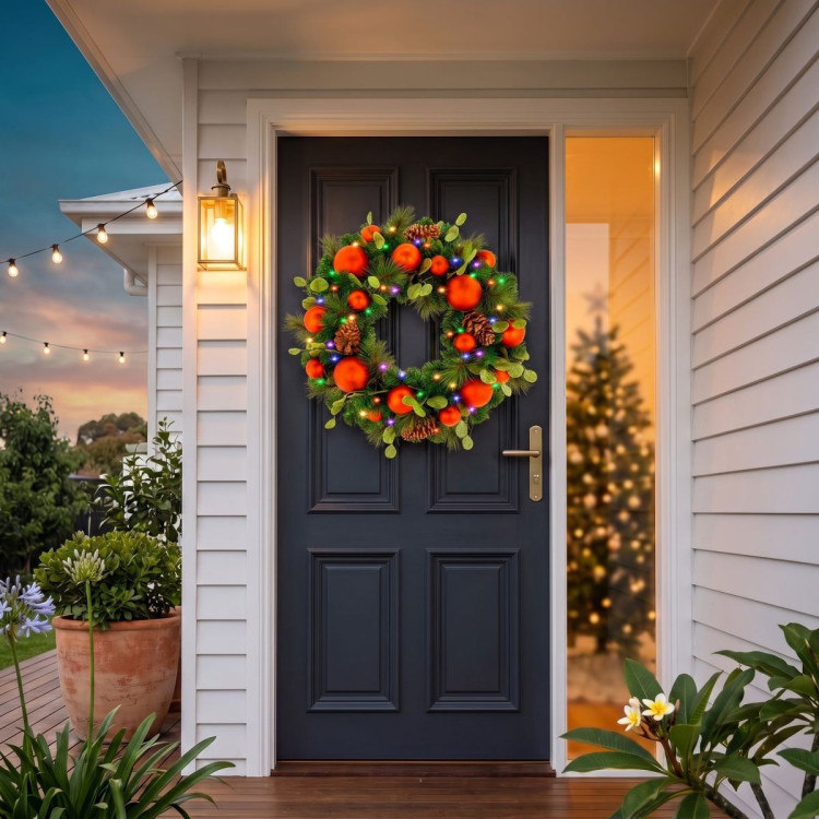 Christabelle 61cm Sable Fir Christmas Wreath Pre Lit Multi Function LED Eucalyptus Pine Cones Red Baubles Home image 7