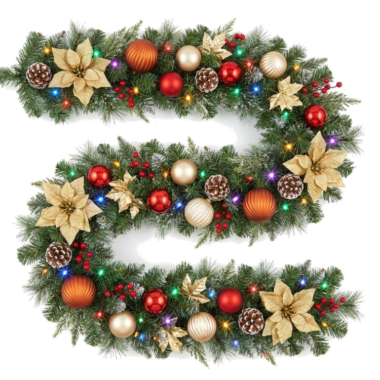 Christabelle 2.74m Timeless Elegance Christmas Garland Pre Lit Multi Function LED Gold Red Baubles Pine Cones Timer Home image 4