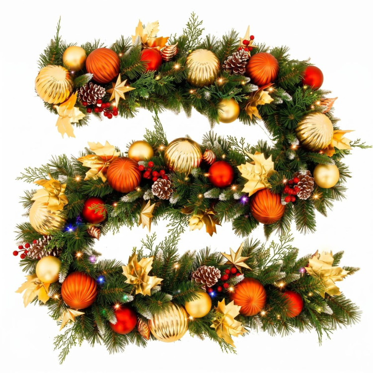 Christabelle 2.74m Timeless Elegance Christmas Garland Pre Lit Multi Function LED Gold Red Baubles Pine Cones Timer Home image 5