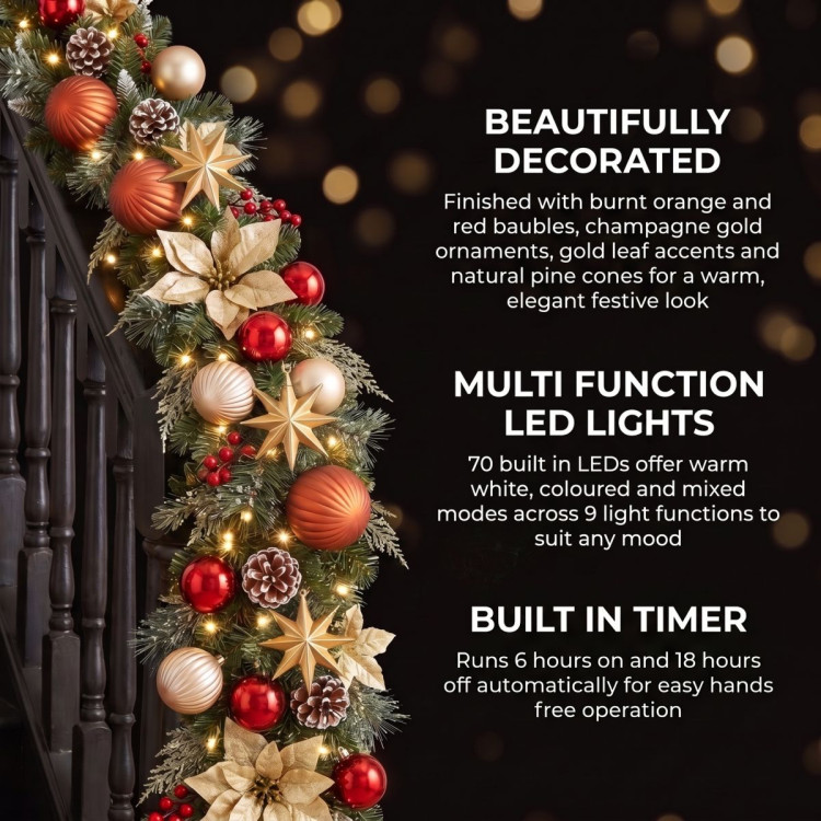 Christabelle 2.74m Timeless Elegance Christmas Garland Pre Lit Multi Function LED Gold Red Baubles Pine Cones Timer Home image 14