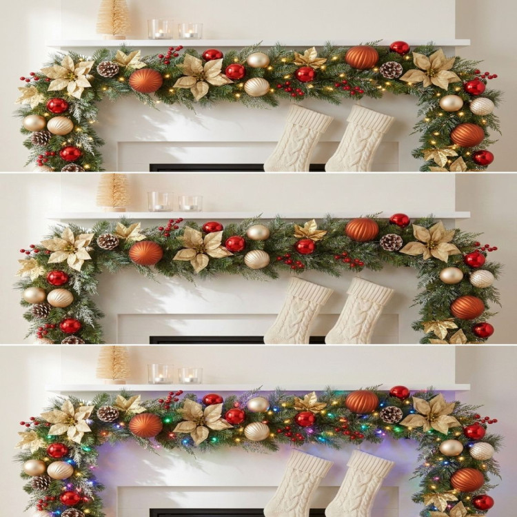 Christabelle 2.74m Timeless Elegance Christmas Garland Pre Lit Multi Function LED Gold Red Baubles Pine Cones Timer Home image 11