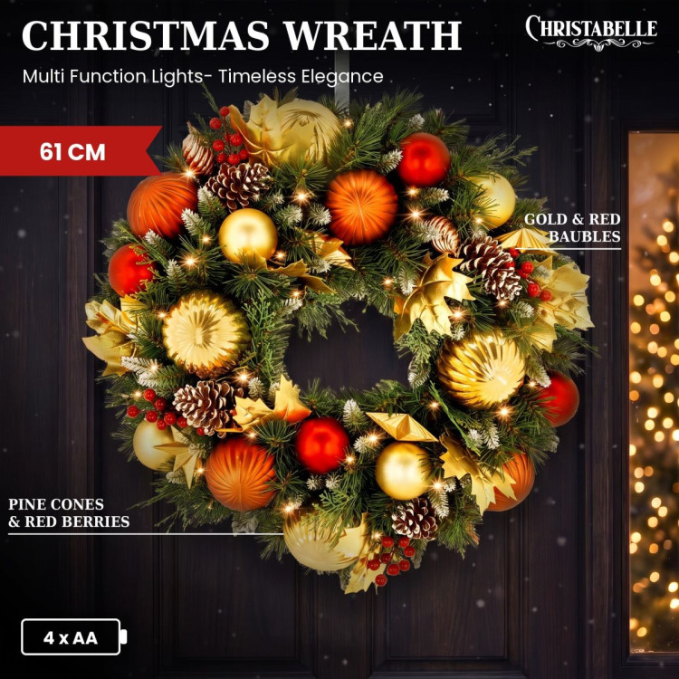 Christabelle 61cm Timeless Elegance Christmas Wreath Pre Lit Multi Function LED Gold Red Baubles Pine Cones Timer Home image 14