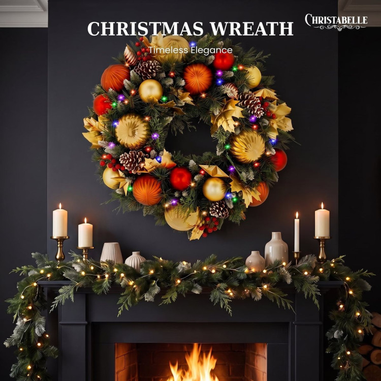 Christabelle 61cm Timeless Elegance Christmas Wreath Pre Lit Multi Function LED Gold Red Baubles Pine Cones Timer Home image 12