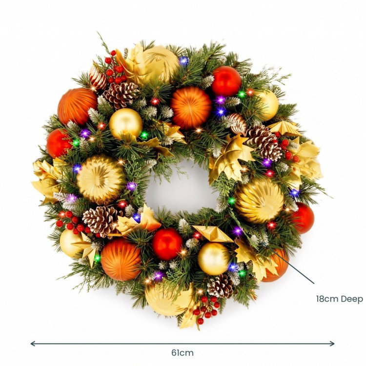 Christabelle 61cm Timeless Elegance Christmas Wreath Pre Lit Multi Function LED Gold Red Baubles Pine Cones Timer Home image 4