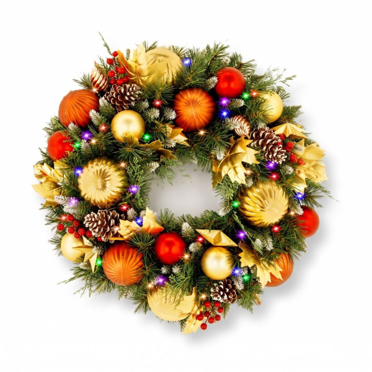 Christabelle 61cm Timeless Elegance Christmas Wreath Pre Lit Multi Function LED Gold Red Baubles Pine Cones Timer Home image 6