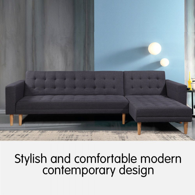Linen Fabric Corner Sofa Bed Couch Lounge with Chaise - Dark Grey image 5