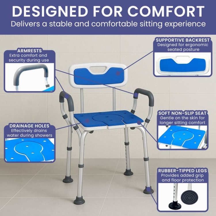 Orthonica Height-Adjustable Aluminium Commode Shower Chair with Armrests Backrest Armrests Soft Stool Seat Aid image 6
