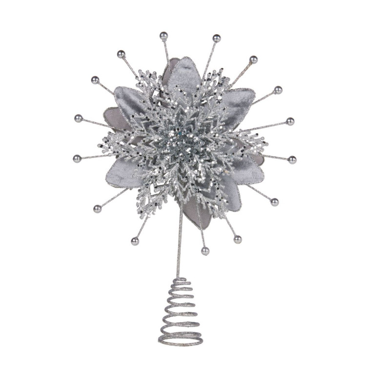 Christabelle Christmas Tree Topper Poinsettia Decoration Ornament Shimmering Silver Glittered Petals image 3
