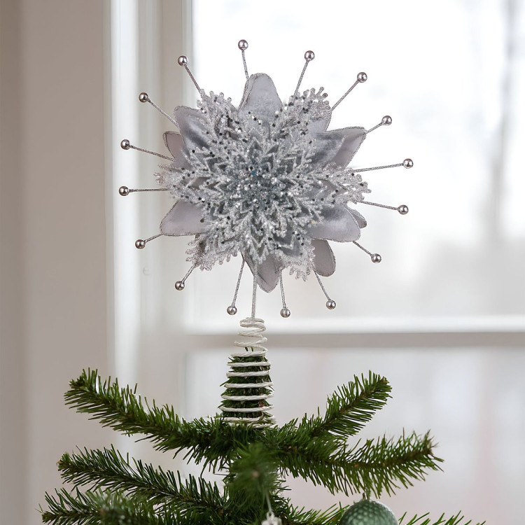 Christabelle Christmas Tree Topper Poinsettia Decoration Ornament Shimmering Silver Glittered Petals image 5