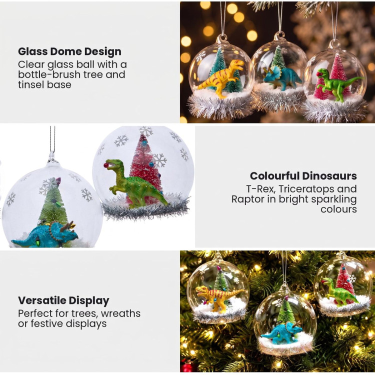 Christabelle 3 Glass Dome Christmas Ornaments Dinosaur Novelty Figures 11cm Xmas Tree Decorations Hanging Baubles image 5