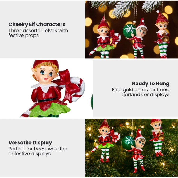 Christabelle 3 Elf Christmas Ornaments Assorted Novelty Figures 10.5cm Xmas Tree Decorations Hanging Baubles image 5
