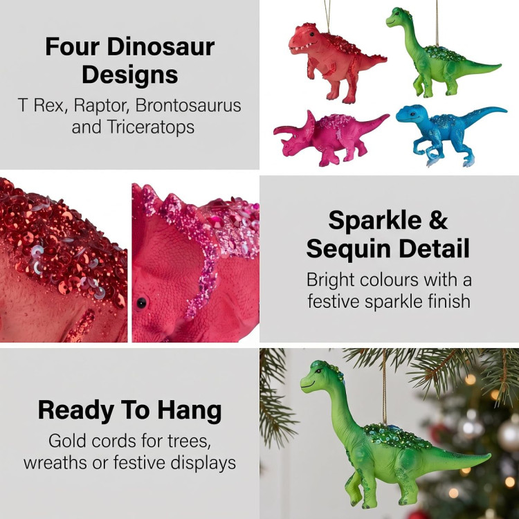 Christabelle 4 Dinosaur Christmas Ornaments Assorted Novelty Figures 15cm Xmas Tree Decorations Hanging Baubles image 5