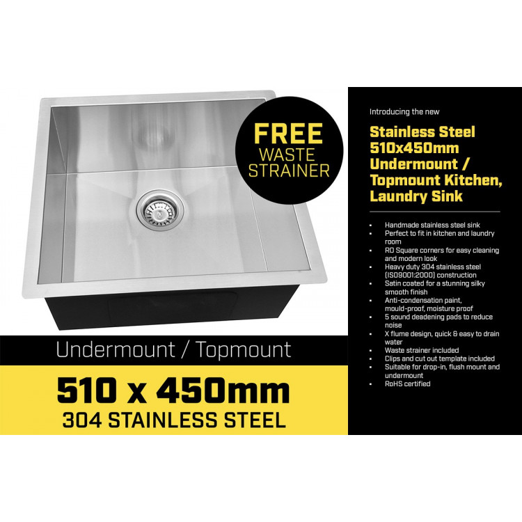 304 Stainless Steel Undermount Topmount Kitchen Laundry Sink - 510 x 450mm image 6