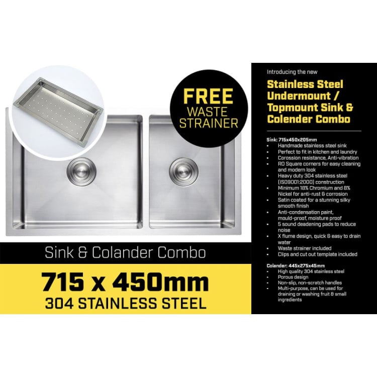 Kartrite 304 Stainless Steel Kitchen Sink 715 x 450mm Single Bowl Undermount Drop-In Laundry Sink with Strainer Waste image 4