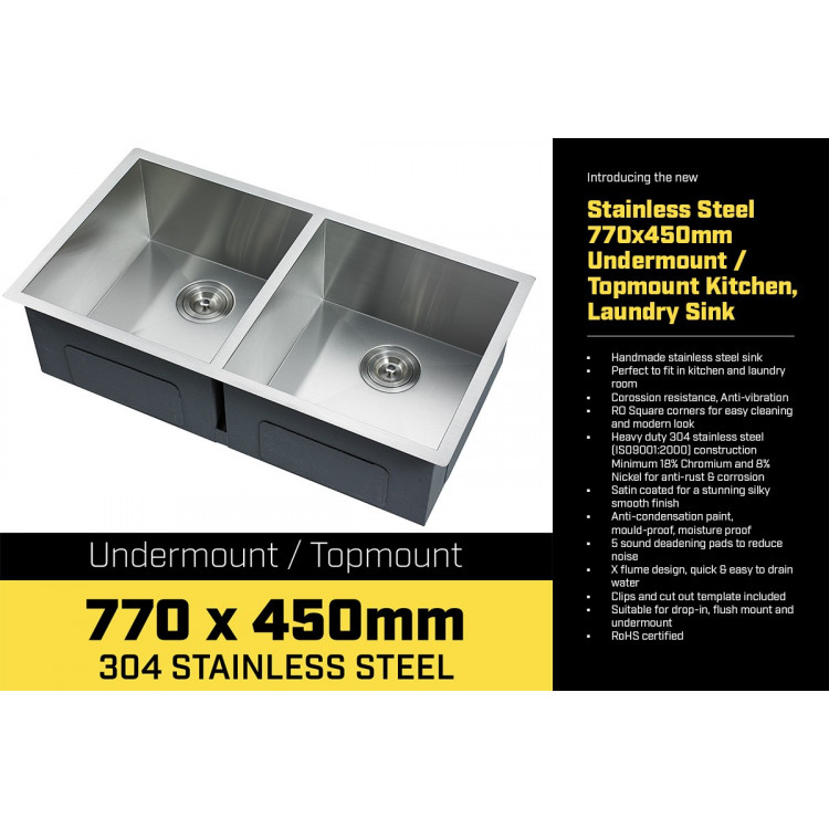 304 Stainless Steel Undermount Topmount Kitchen Laundry Sink - 770 x 450mm image 4