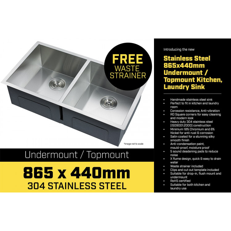 304 Stainless Steel Undermount Topmount Kitchen Laundry Sink - 865 x 440mm image 5