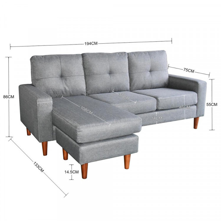 Linen Corner Sofa Couch Lounge Chaise with Wooden Legs - Grey image 7