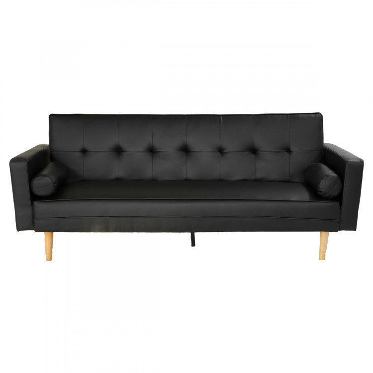 Madison 3 Seater PU Faux Leather Sofa Bed Couch with Pillows - Black image 3
