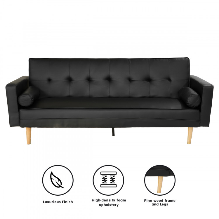 Madison 3 Seater PU Faux Leather Sofa Bed Couch with Pillows - Black image 7