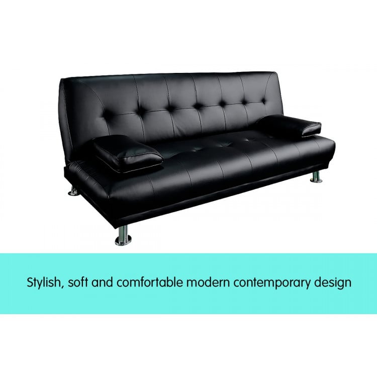 Manhattan 3 Seater PU Faux Leather Sofa Bed Couch Lounge Futon - Black image 3