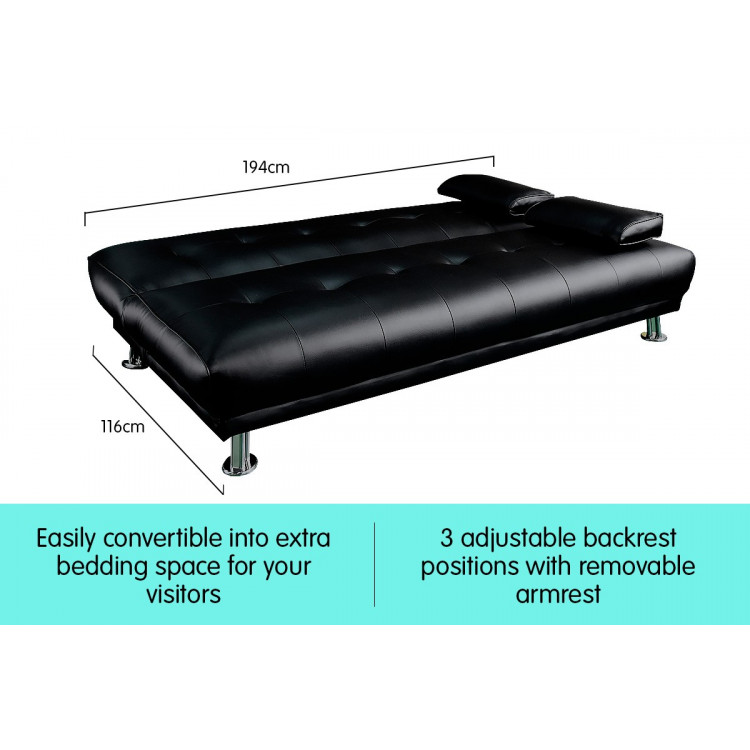 Manhattan 3 Seater PU Faux Leather Sofa Bed Couch Lounge Futon - Black image 4