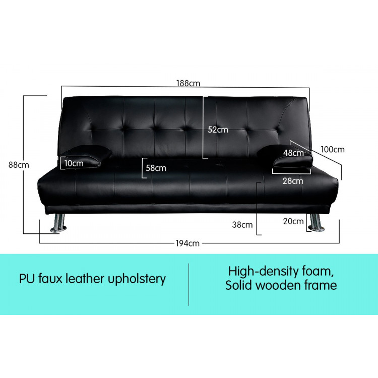 Manhattan 3 Seater PU Faux Leather Sofa Bed Couch Lounge Futon - Black image 5