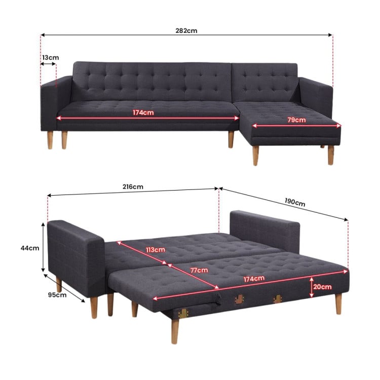 Linen Fabric Corner Sofa Bed Couch Lounge with Chaise - Dark Grey image 4