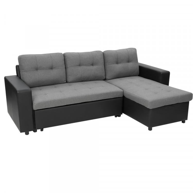 3-Seater Corner Sofa Bed With Storage Lounge Chaise Couch - Black Grey image 2