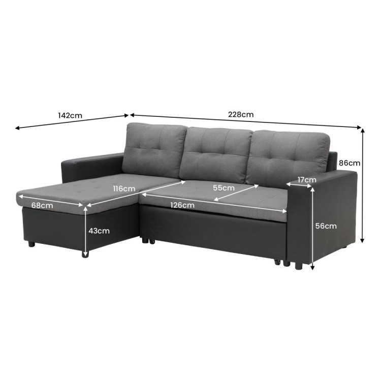 3-Seater Corner Sofa Bed With Storage Lounge Chaise Couch - Black Grey image 3