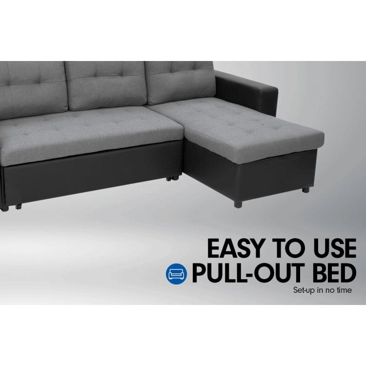 3-Seater Corner Sofa Bed With Storage Lounge Chaise Couch - Black Grey image 9
