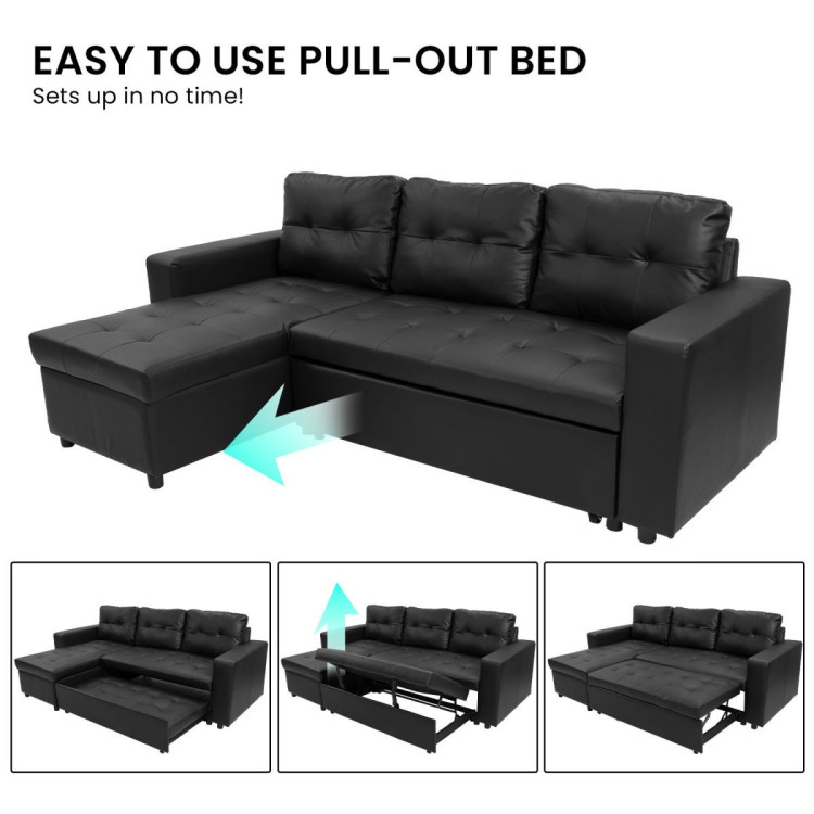 3-Seater Corner Sofa Bed Storage Chaise Couch Faux Leather - Black image 13
