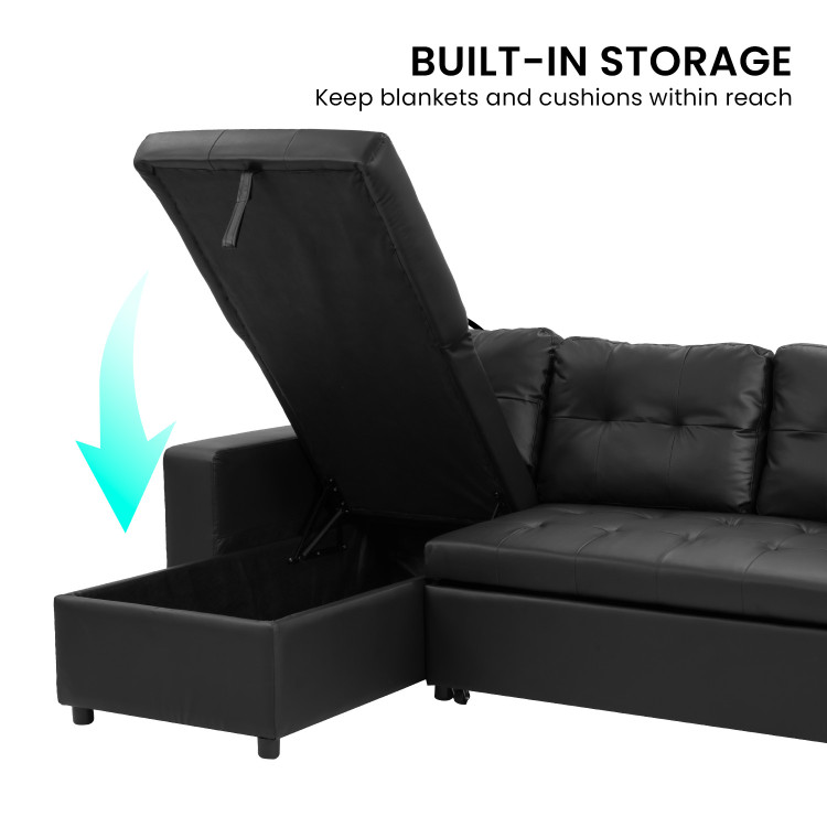 3-Seater Corner Sofa Bed Storage Chaise Couch Faux Leather - Black image 14