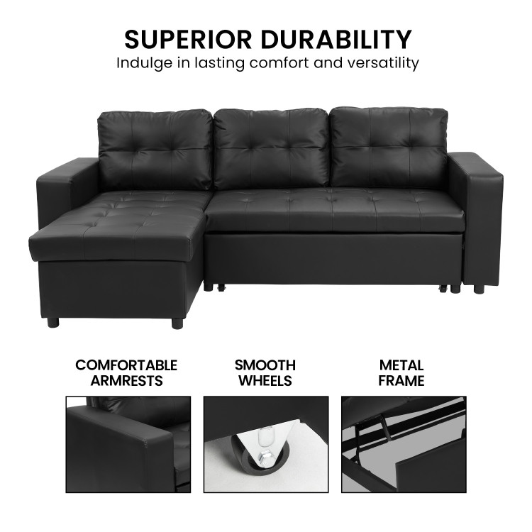3-Seater Corner Sofa Bed Storage Chaise Couch Faux Leather - Black image 16