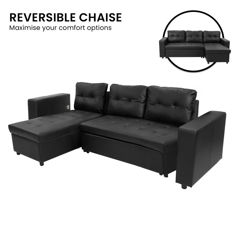 3-Seater Corner Sofa Bed Storage Chaise Couch Faux Leather - Black image 18
