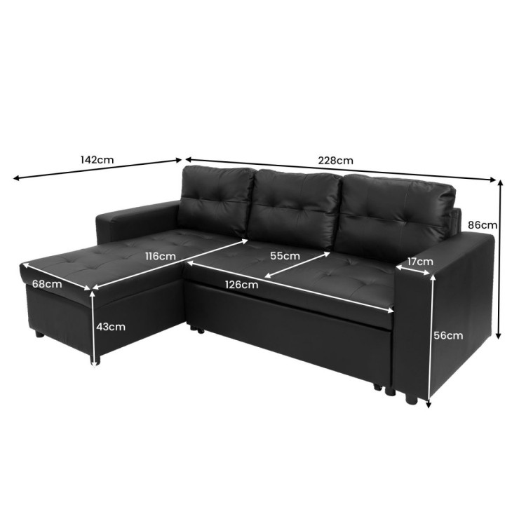 3-Seater Corner Sofa Bed Storage Chaise Couch Faux Leather - Black image 3