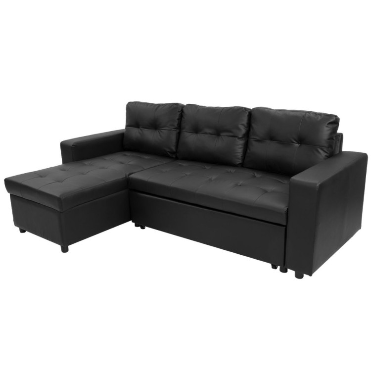 3-Seater Corner Sofa Bed Storage Chaise Couch Faux Leather - Black image 4