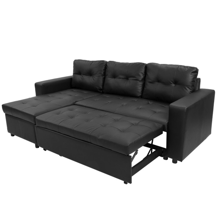3-Seater Corner Sofa Bed Storage Chaise Couch Faux Leather - Black image 5