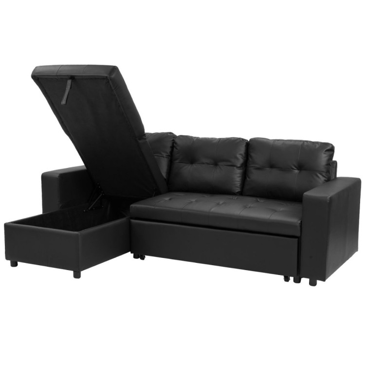 3-Seater Corner Sofa Bed Storage Chaise Couch Faux Leather - Black image 6