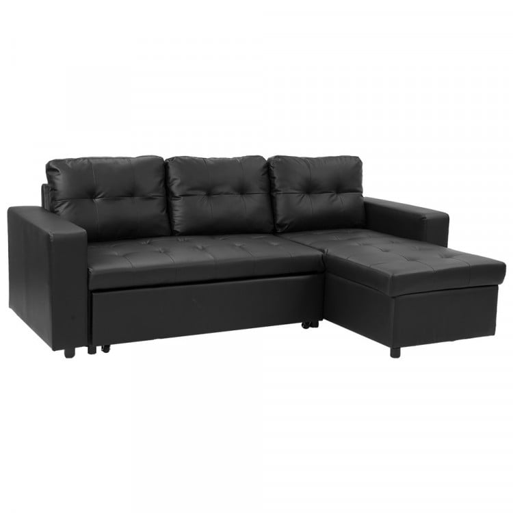 3-Seater Corner Sofa Bed Storage Chaise Couch Faux Leather - Black image 2
