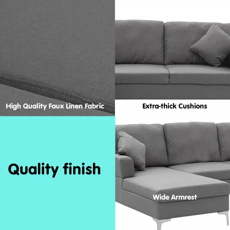Linen Corner Sofa Couch Lounge L-shape w/ Right Chaise Seat Dark Grey image 6