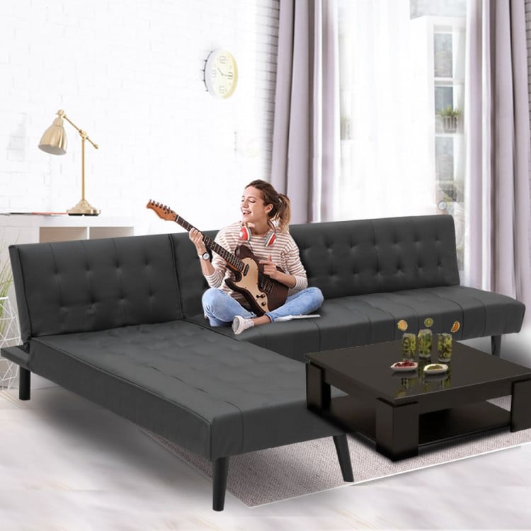 3-Seater Faux Leather Sofa Bed Lounge Chaise Couch Furniture Black image 10