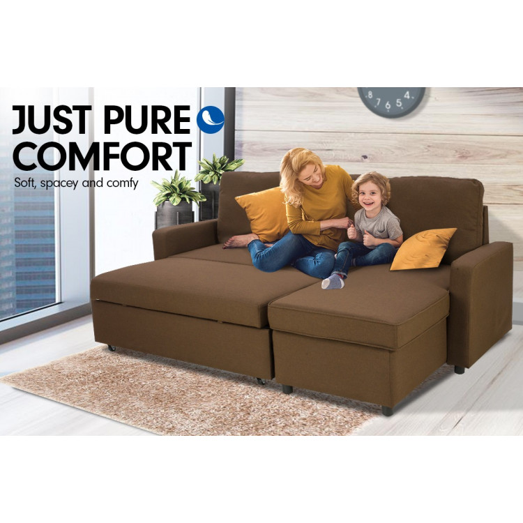 3-Seater Corner Sofa Bed With Storage Lounge Chaise Couch - Brown image 3